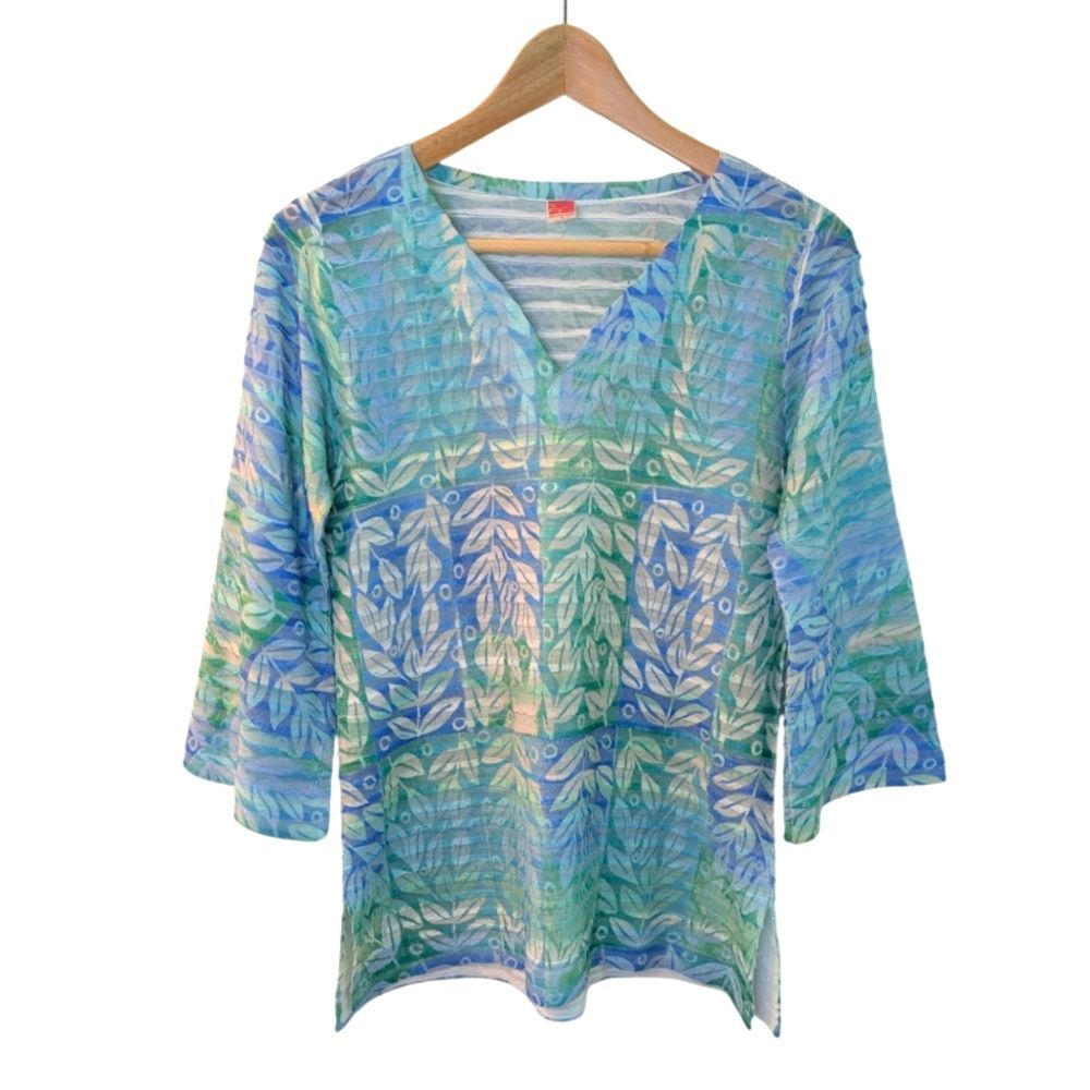Before & Again Banded Bell Sleeve Top Blue Green Small